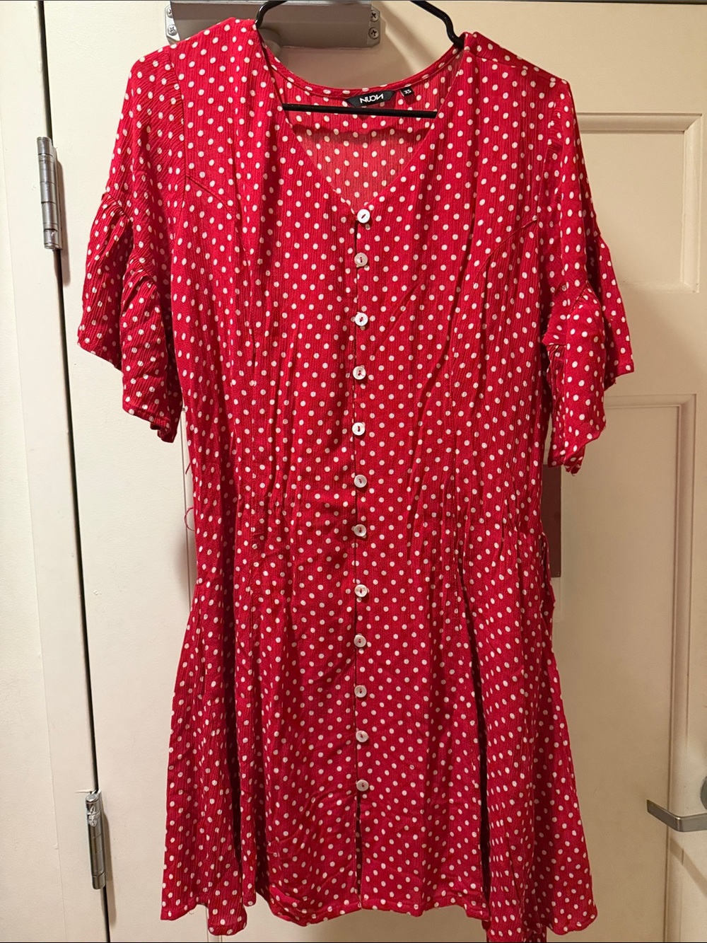 Red Polka Dot Button-Front Midi Dress by